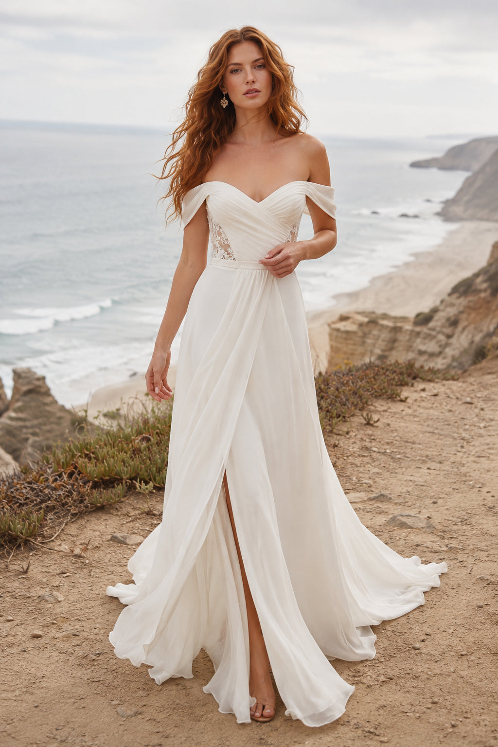 Ivory Off Shoulder Draped Chiffon A-Line Wedding Dress Split Front for Bridal Ceremony and Reception front view