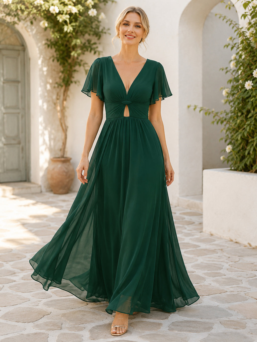 Dark Green V-neck Cutout Chiffon Midi Dress front view