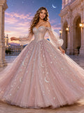 Blushing Pink Silver Celestial Off Shoulder Puff Sleeve Quinceanera Princess Court Train Ball Gown front view