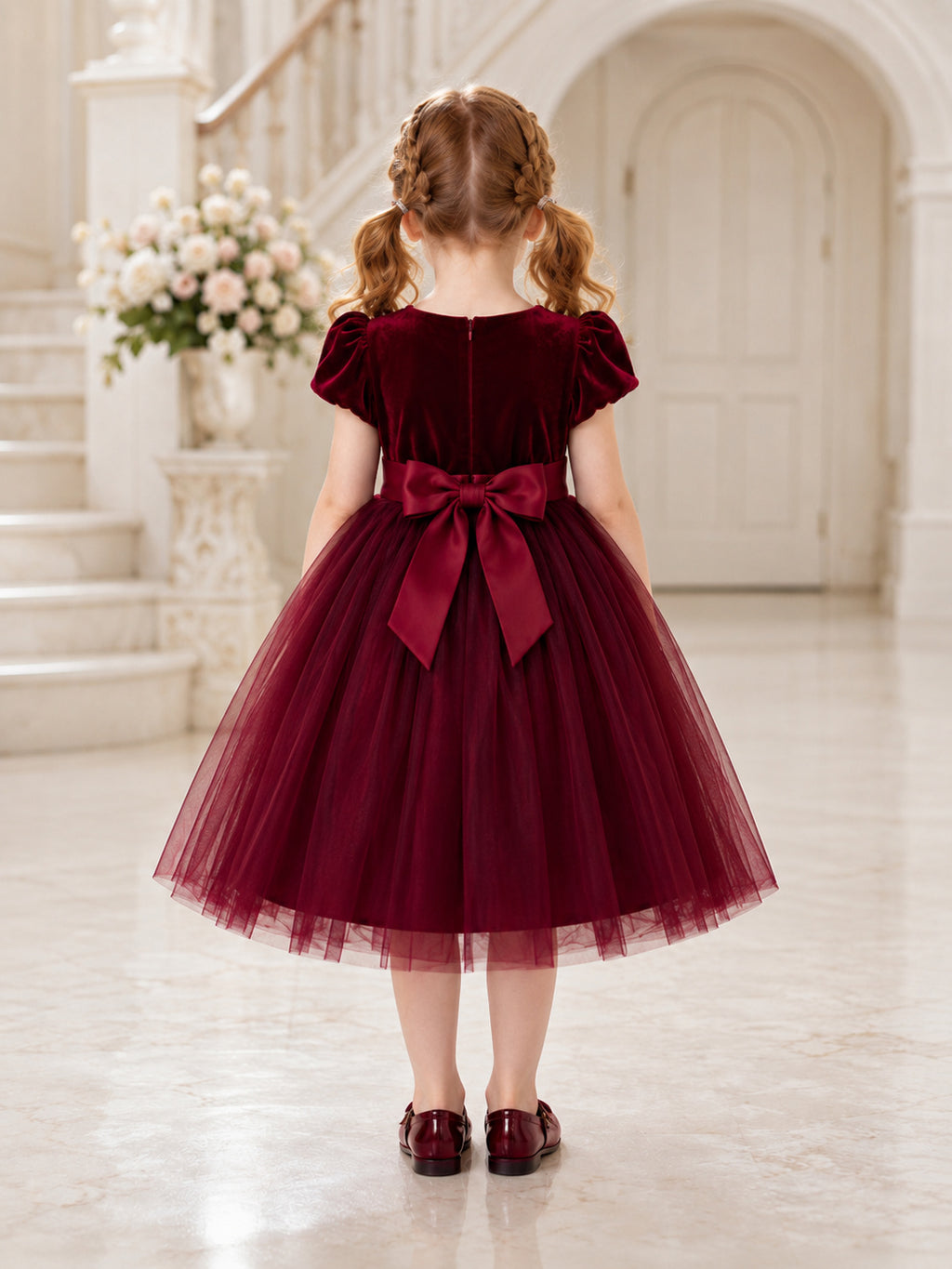 Burgundy Flower Girl A-Line Velvet Tulle Jewel Neck Puff Sleeve Floral Embroidery Dress back view