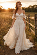 Ivory Off-the-Shoulder Lace Bodice A-Line Wedding Dress with Flutter Sleeves front view