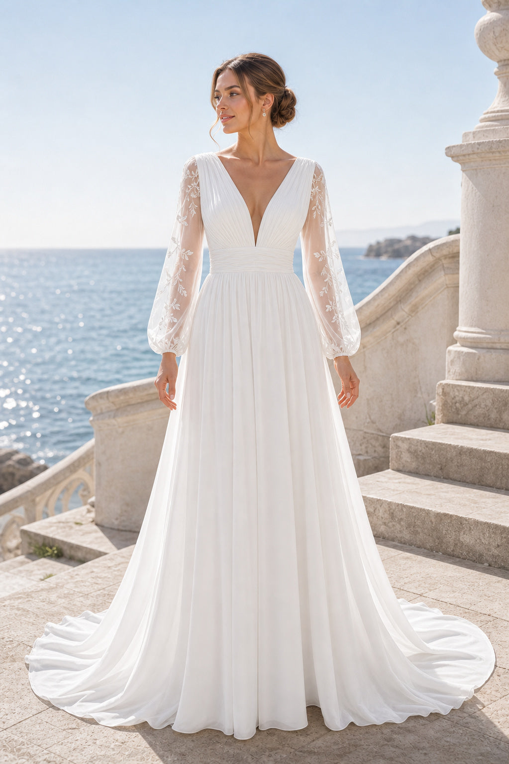 White Scoop Cap Sleeves A-Line Crepe Floor-length Wedding Dress With Layered Skirt and Beaded Bodice and Open Back Lace Hem Detail