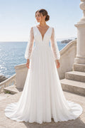 White Scoop Cap Sleeves A-Line Crepe Floor-length Wedding Dress With Layered Skirt and Beaded Bodice and Open Back Lace Hem Detail