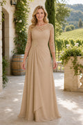 Champagne Bateau Long Sleeve A-Line Chiffon Floor-Length Dress With Lace Bodice