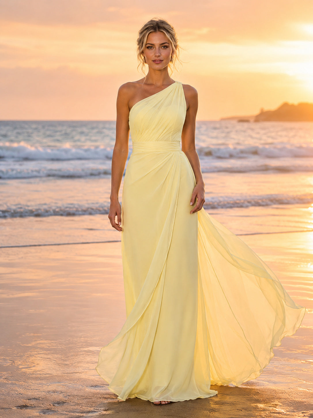 Pale Yellow One Shoulder Chiffon A-Line Sweep Train Beach Wedding Dress front view
