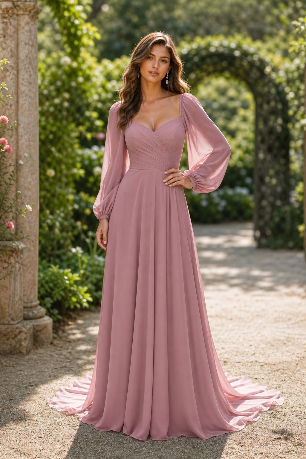 Dusty Rose V-Neck Long Sleeve Chiffon A-Line Dress