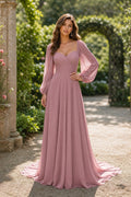 Dusty Rose V-Neck Long Sleeve Chiffon A-Line Dress