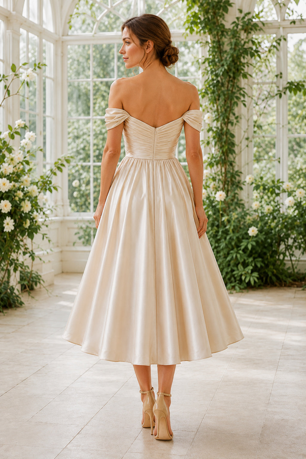 Champagne Off Shoulder Satin Tea Length Wedding Dress for Wedding Reception and Party back view