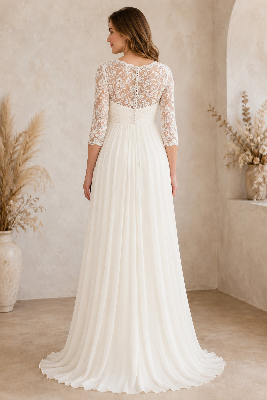 Ivory Maternity Jewel Neck Three Quarter Sleeve Chiffon A-Line Wedding Dress back view