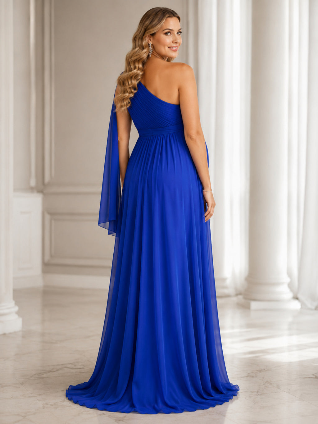 Royal Blue Maternity One-Shoulder Cape Chiffon Empire Sweep Formal Gown back view