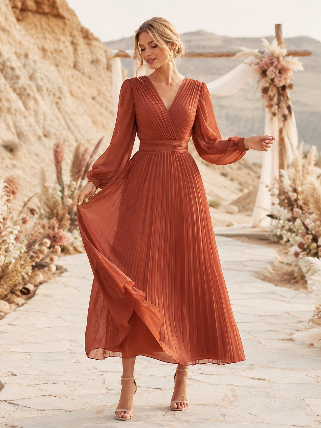 Vermilion V Neck Long Poet Sleeve Pleated Chiffon A Line Ankle Guest Dress front view