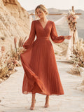Vermilion V Neck Long Poet Sleeve Pleated Chiffon A Line Ankle Guest Dress front view