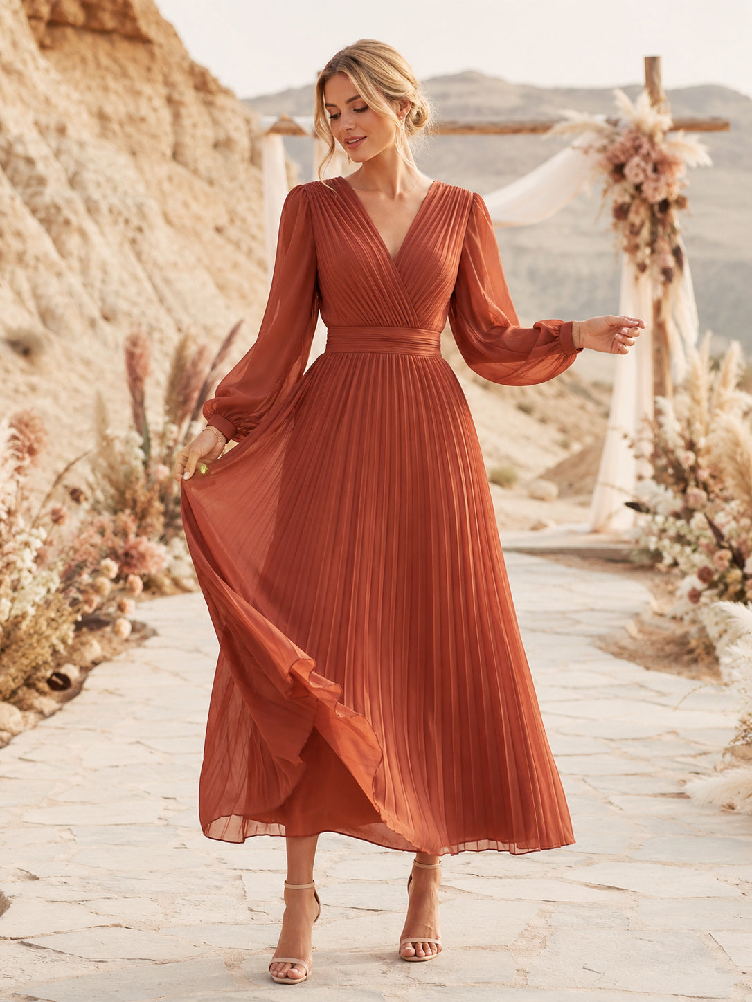Vermilion V Neck Long Poet Sleeve Pleated Chiffon A Line Ankle Guest Dress front view