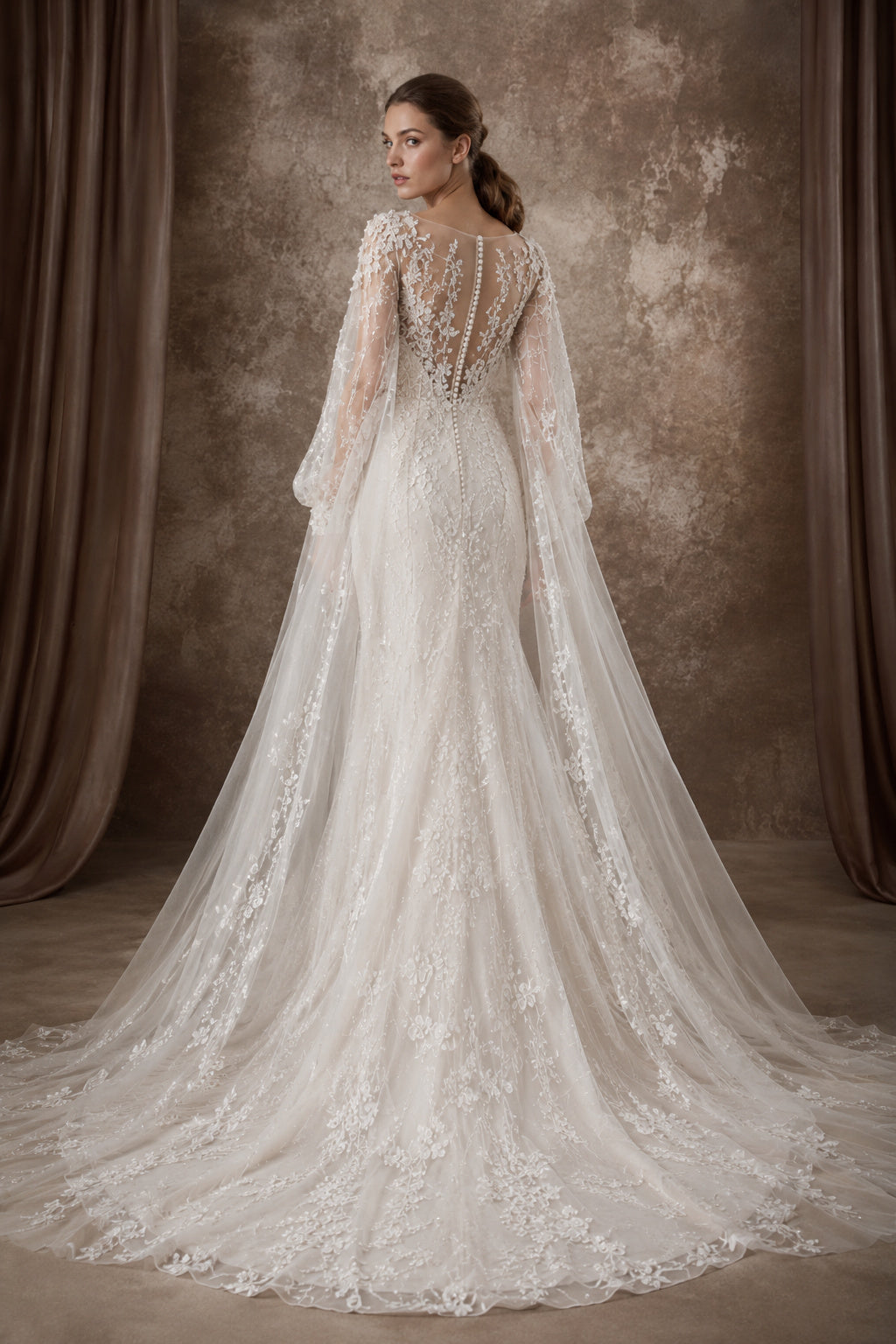 V-Neck Long Sleeve Lace A-Line Wedding Dress with Chapel Train back view