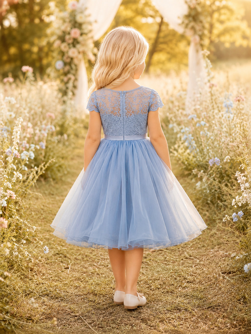A-Line Sky Blue Tulle Flower Girl Dress with Short Sleeve Jewel Neckline Tea-length and A Satin Sash And Bow Accent back view