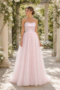 Blush Strapless A-Line Tulle Floor-length Formal Dress With Pleats and Tulle Skirt