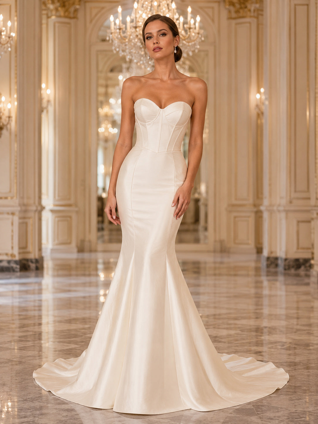 Soft Neutral Satin Strapless Mermaid Evening Gown front view