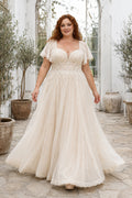 Plus Size Sweetheart Tulle A-Line Wedding Dress with Lace Flutter Sleeves front view