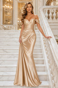 Champagne Off The Shoulder Ruched Satin Mermaid Prom Gown With Sweep Train Prom Dress front view