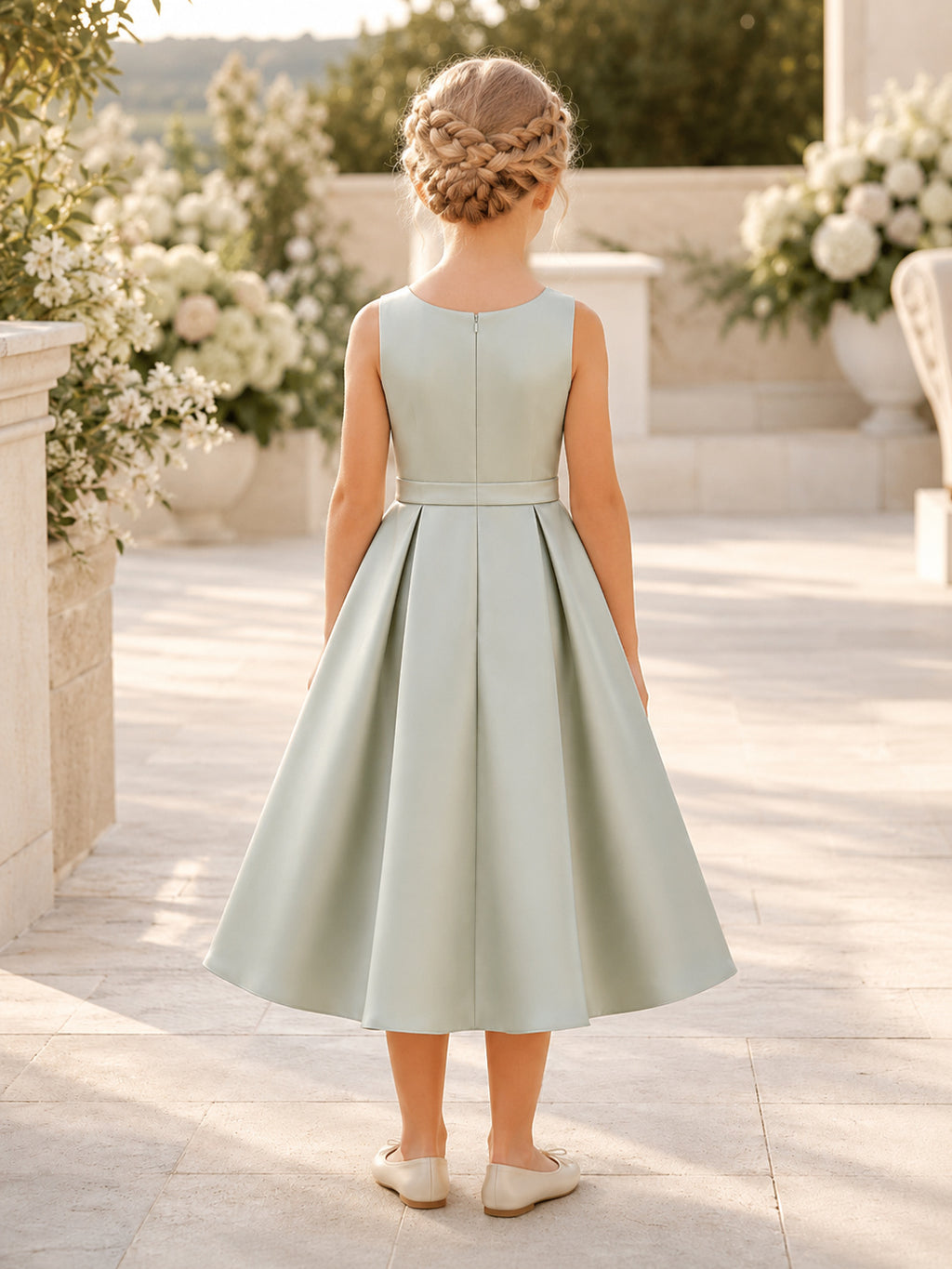 Flower Girl Dress Sage Satin A-Line Sleeveless Jewel Neck Tea Length back view