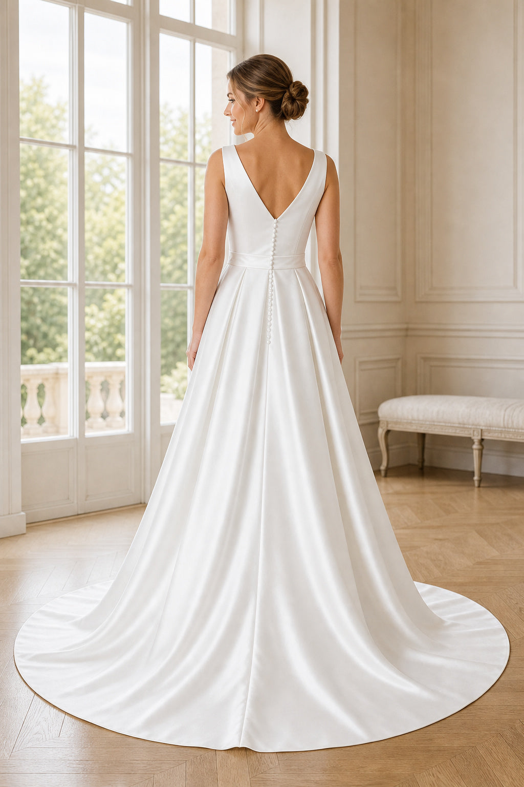 Ivory Bateau Short Sleeves A-Line Satin Floor-length Wedding Dress With Floral Appliques and Front Slit and Open Back
