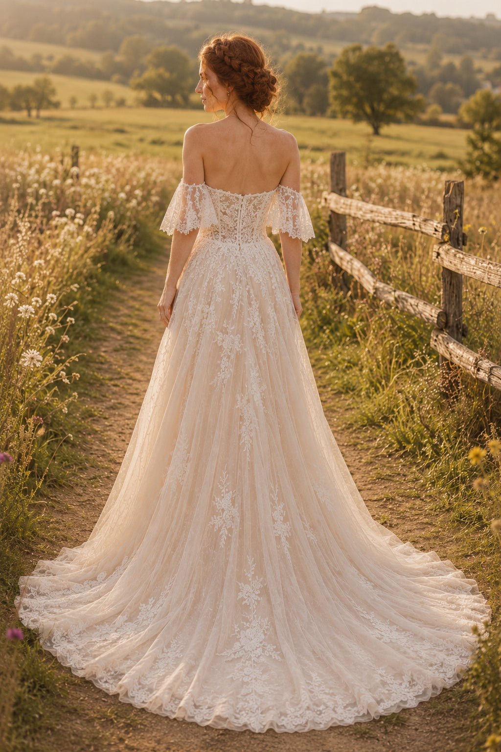 Champagne Off-the-Shoulder Flutter Sleeve A-Line Wedding Dress with Lace Train back view