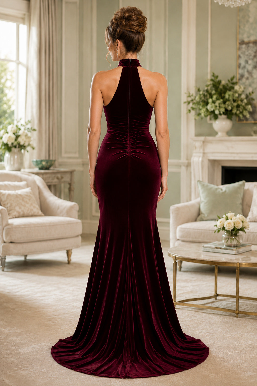 Burgundy Halter Velvet Mermaid Evening Dress with Open Back back view