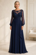 Dark Navy Chiffon A-Line Mother Dress with Long Illusion Sleeves and Lace Bodice front view