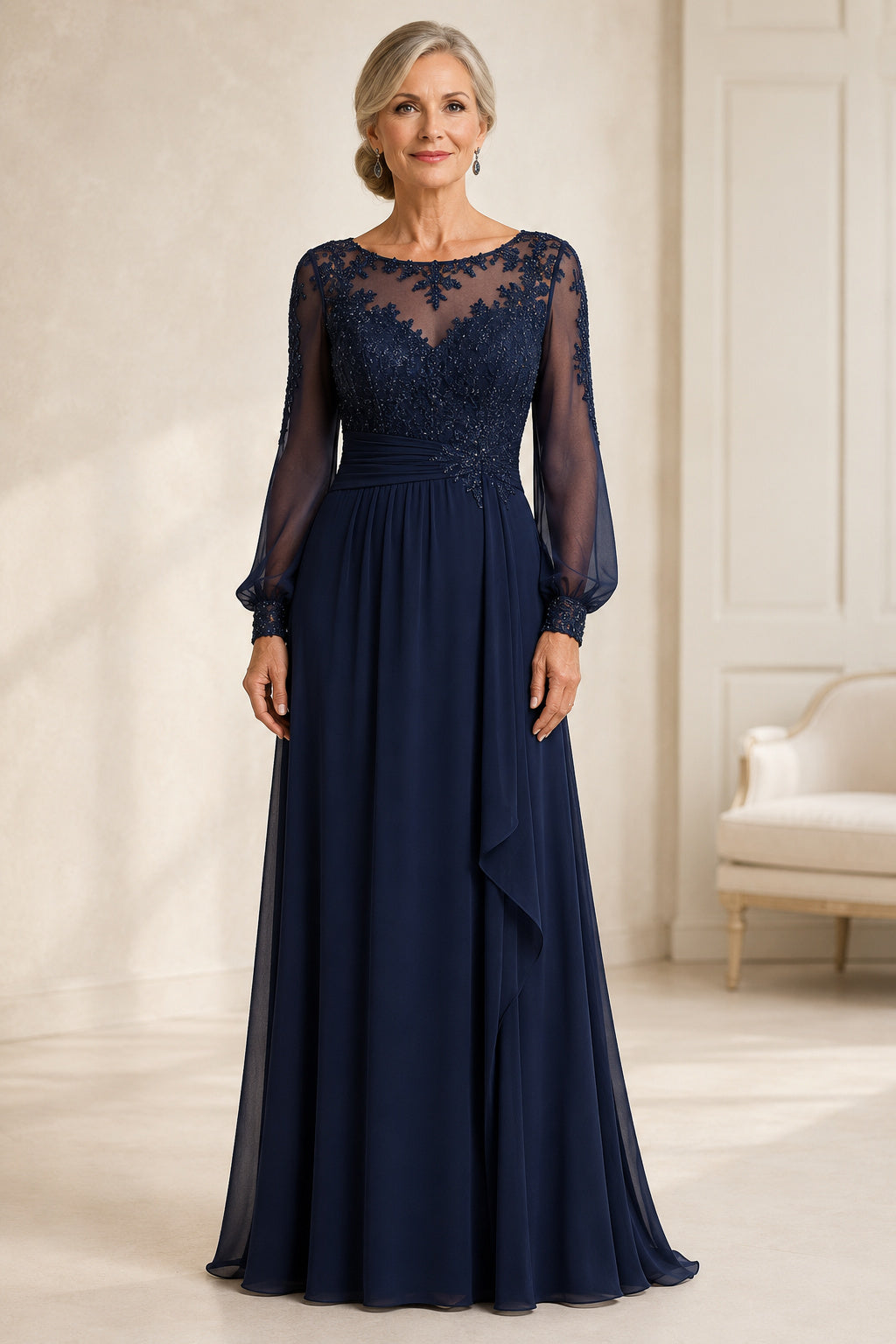 Dark Navy Chiffon A-Line Mother Dress with Long Illusion Sleeves and Lace Bodice front view