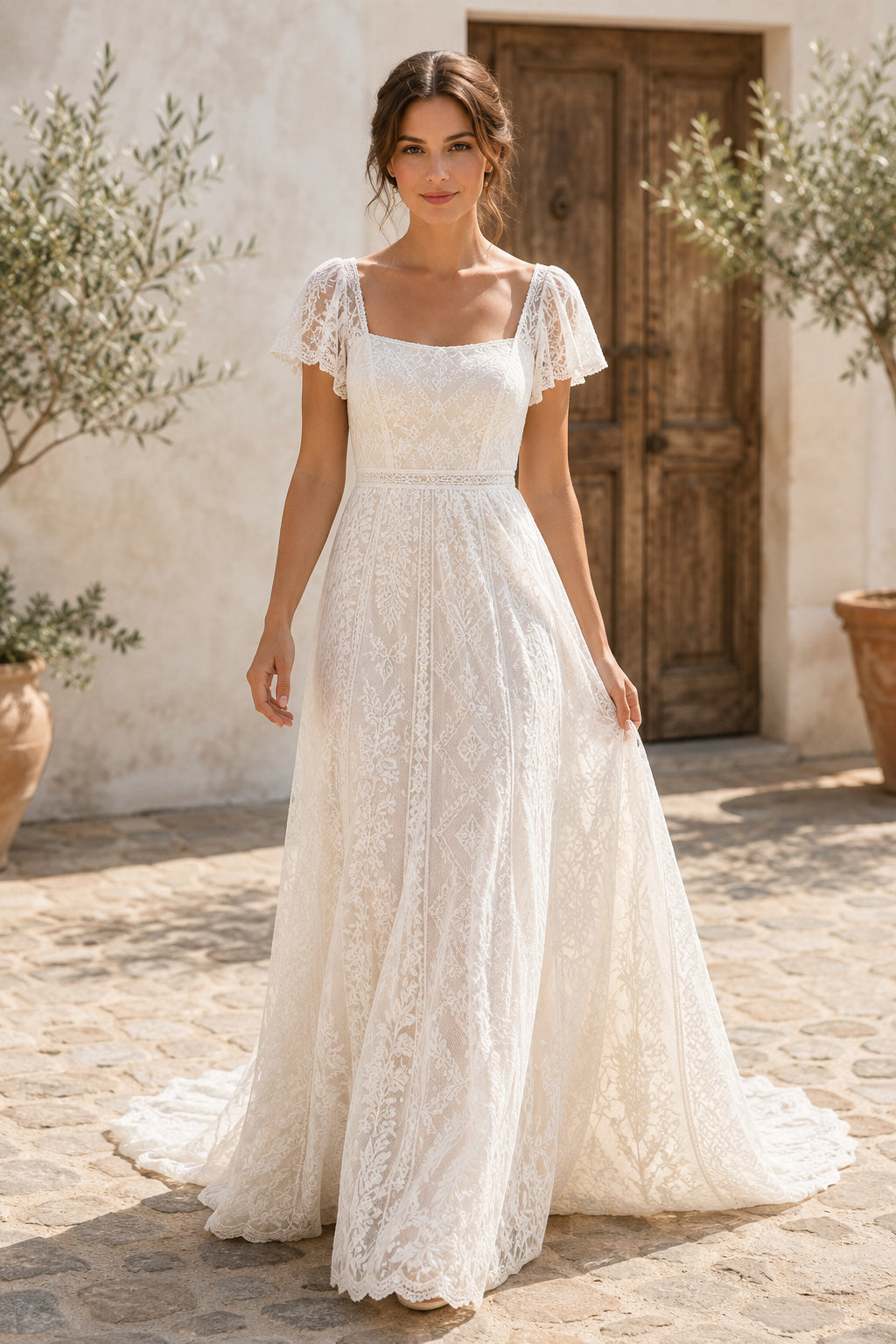 Ivory Square Neck Short Sleeve Lace A-Line Wedding Dress with Soft Train front view