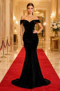 Black off the shoulder velvet mermaid gown with sweetheart neckline and sweep train Floor-length And Sweep/Brush Train Mermai