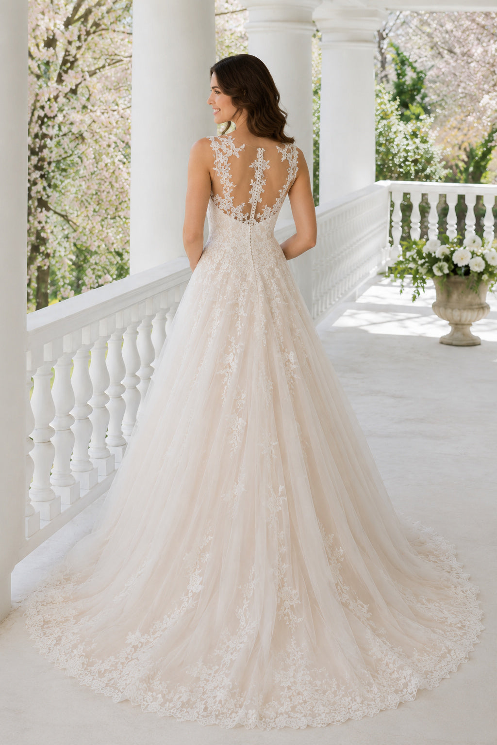 Wedding A-Line Lace Dress with V-Neck Bodice and Chapel Train back view