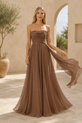 Taupe Strapless Chiffon A-Line Formal Dress with Side Drape front view