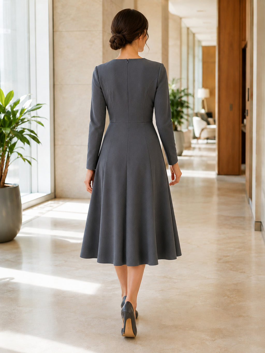 Slate Gray Notched Neck Long Sleeve Office Event Dress back view