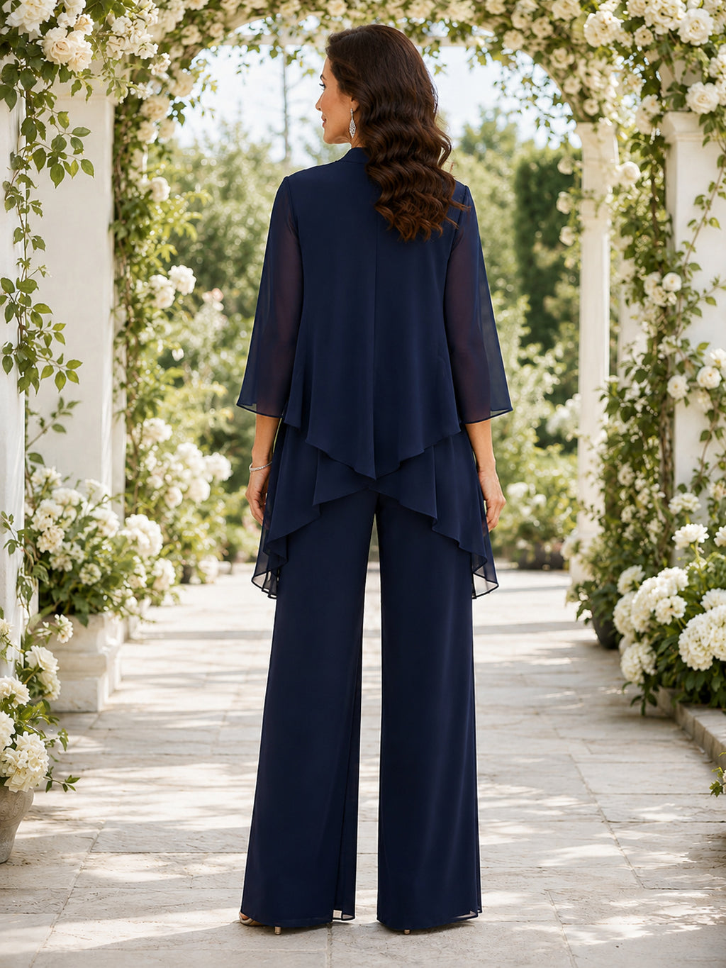 Dark Navy Mother Pantsuit with Wrap V Neck Top, Chiffon Jacket and Wide Leg Pants back view