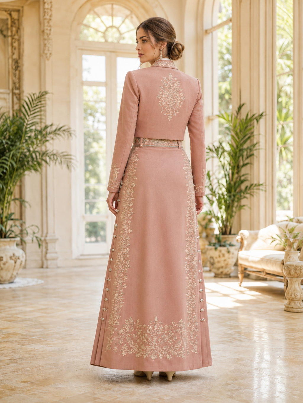 Dusty Rose Charro Two Piece Floor Length Bow Neck Embroidered Jacket Dress Set back view