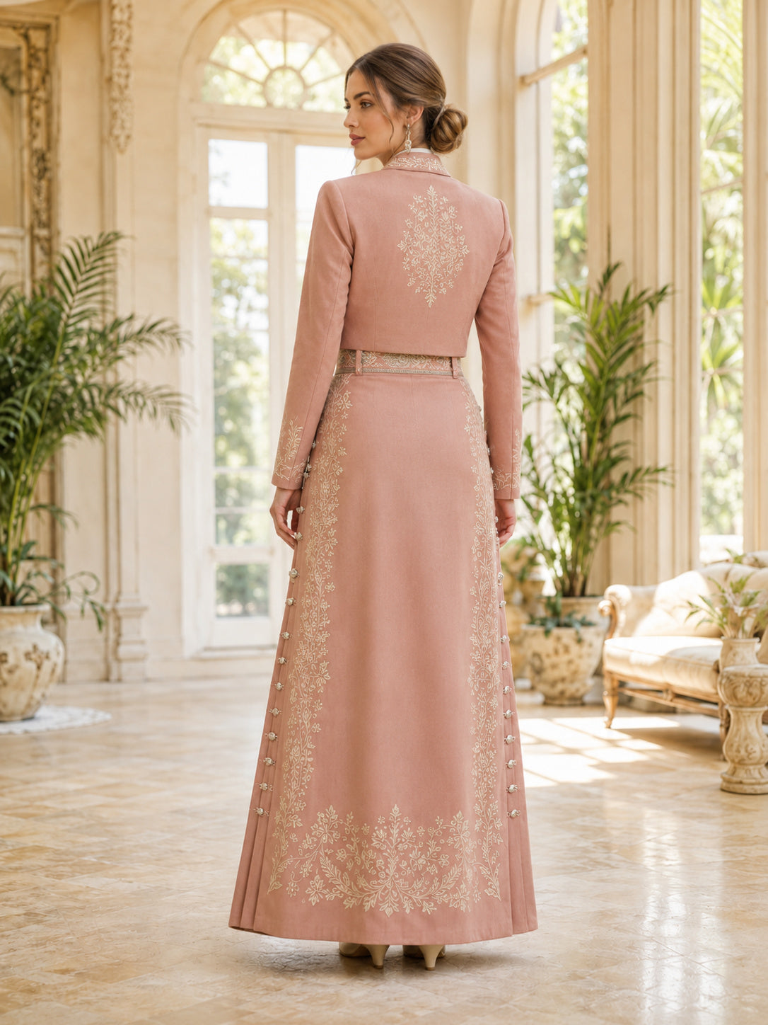 Dusty Rose Charro Two Piece Floor Length Bow Neck Embroidered Jacket Dress Set back view