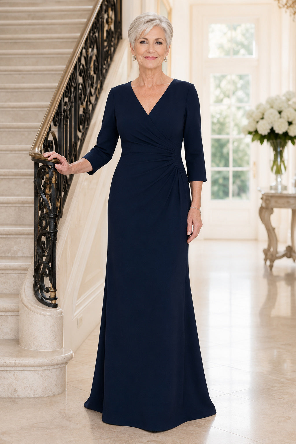 Dark Navy V-Neck Three-Quarter Sleeve Sheath Mother Dress with Wrap Bodice front view