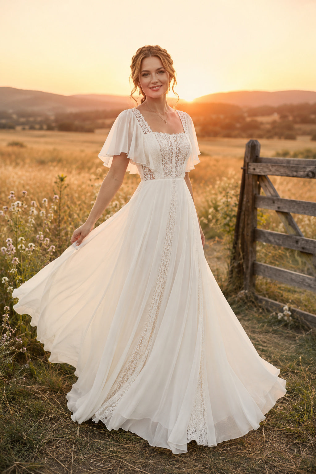Square Neck Flutter Sleeve A-Line Wedding Dress with Soft Chiffon Skirt and Train front view