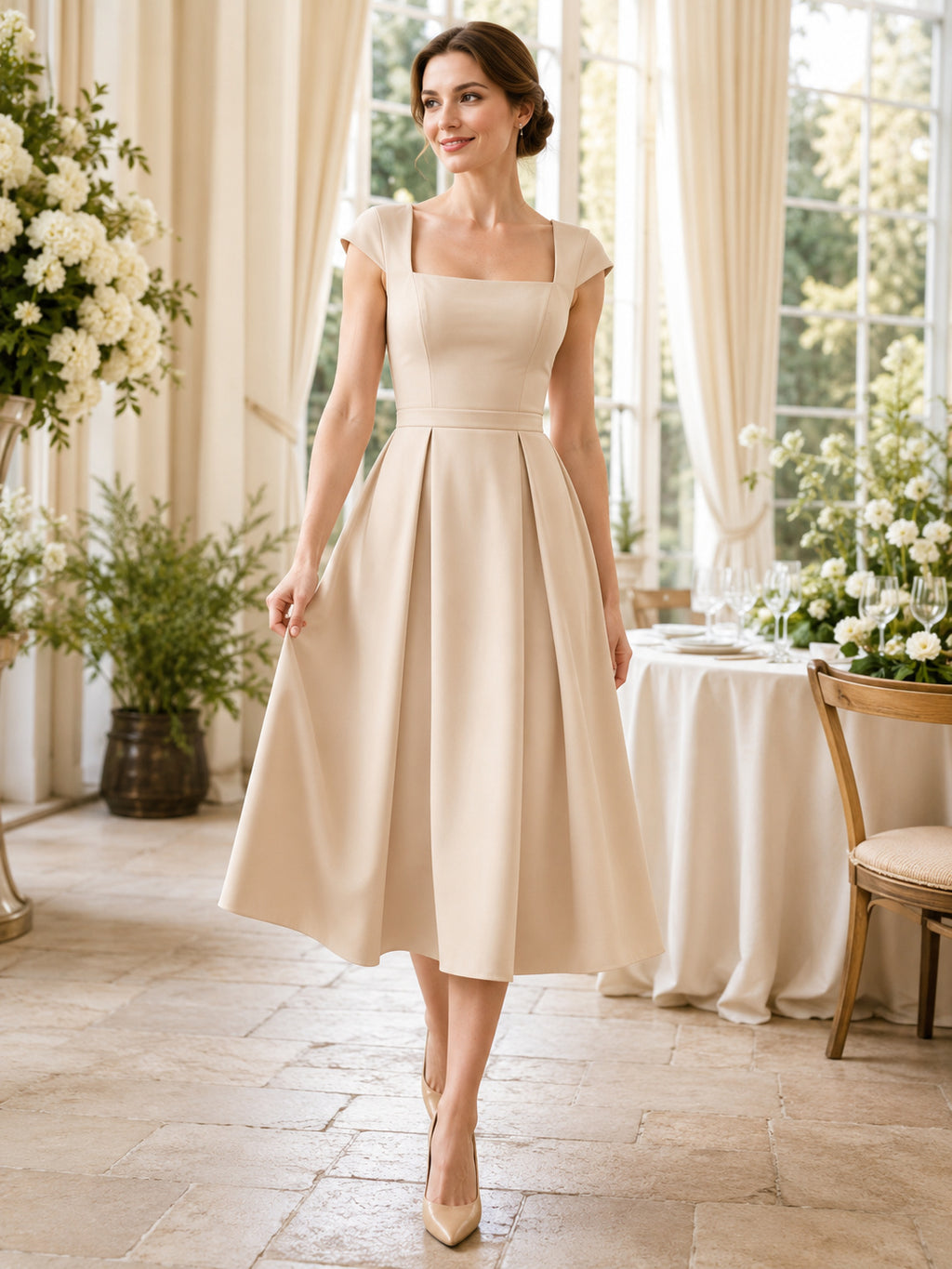 Champagne Satin Square Neck Sleeveless A Line Ceremony Midi Dress front view