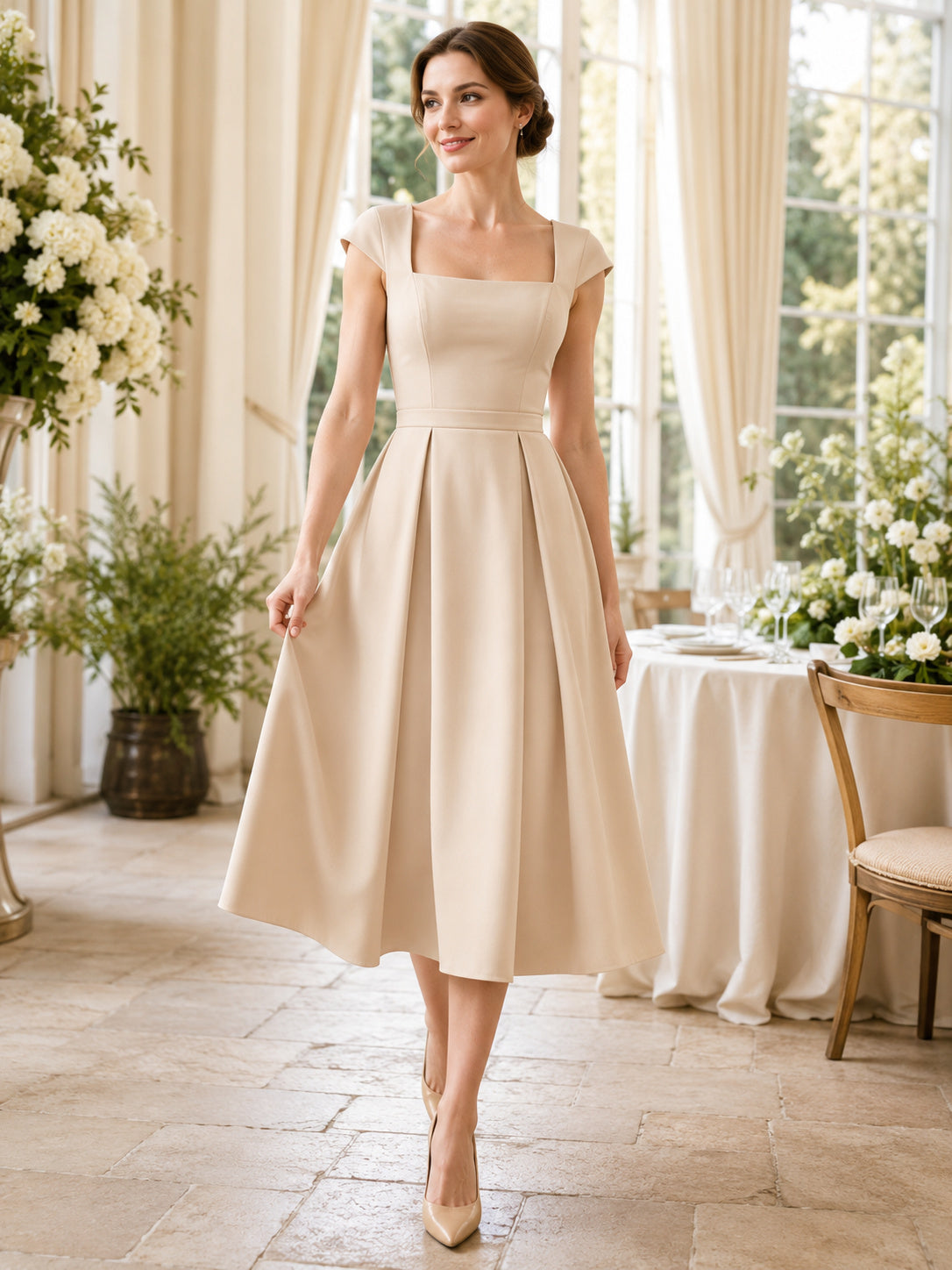 Champagne Satin Square Neck Sleeveless A Line Ceremony Midi Dress front view