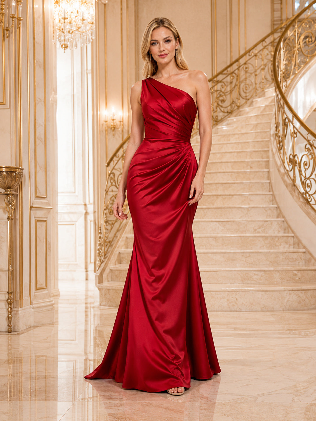 Red One Shoulder Ruched Satin Floor Length Formal Gown front view