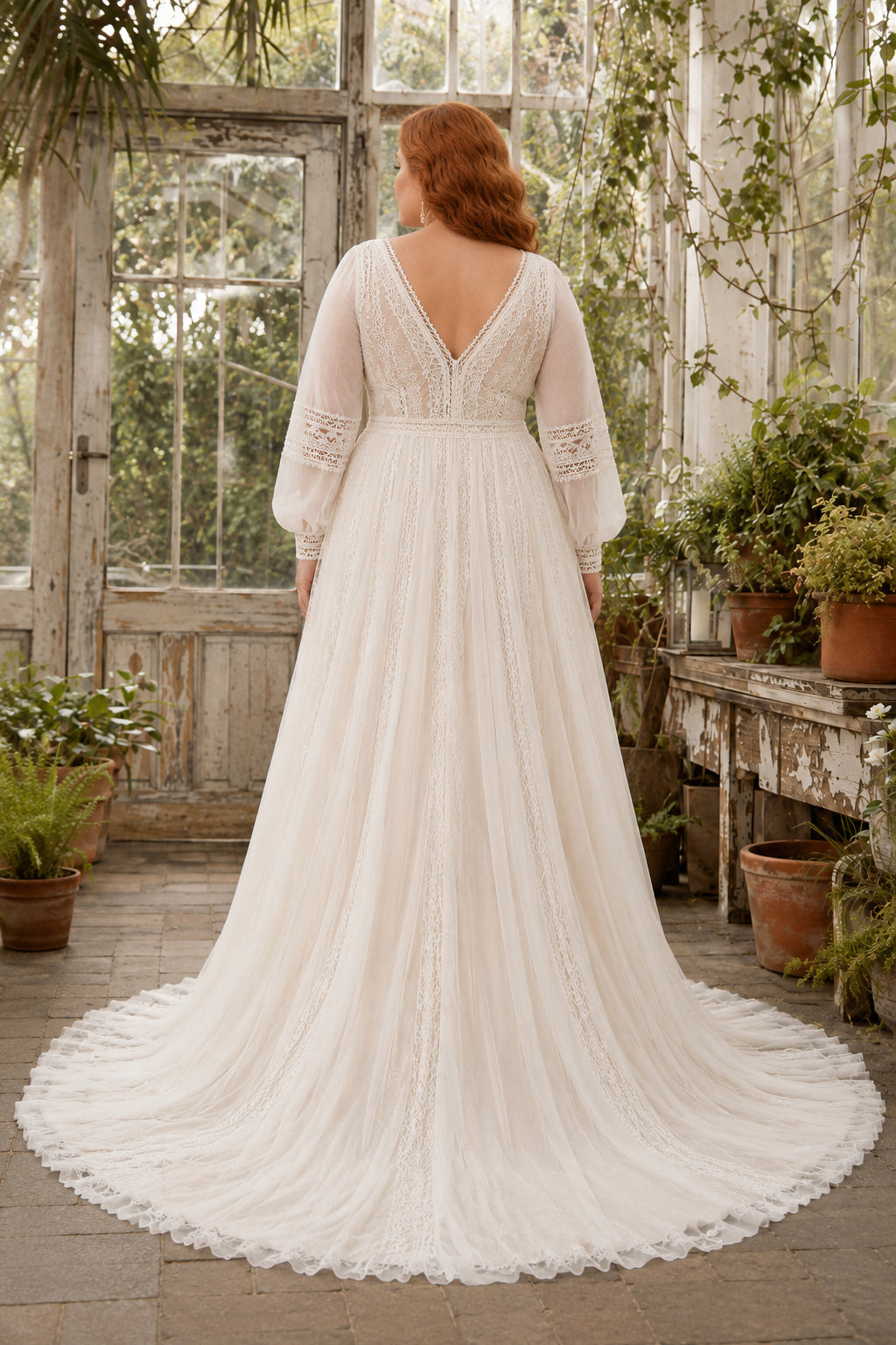 Ivory Plus Size V-Neck Long Sleeve Chiffon A-Line Wedding Dress with Simple Train back view