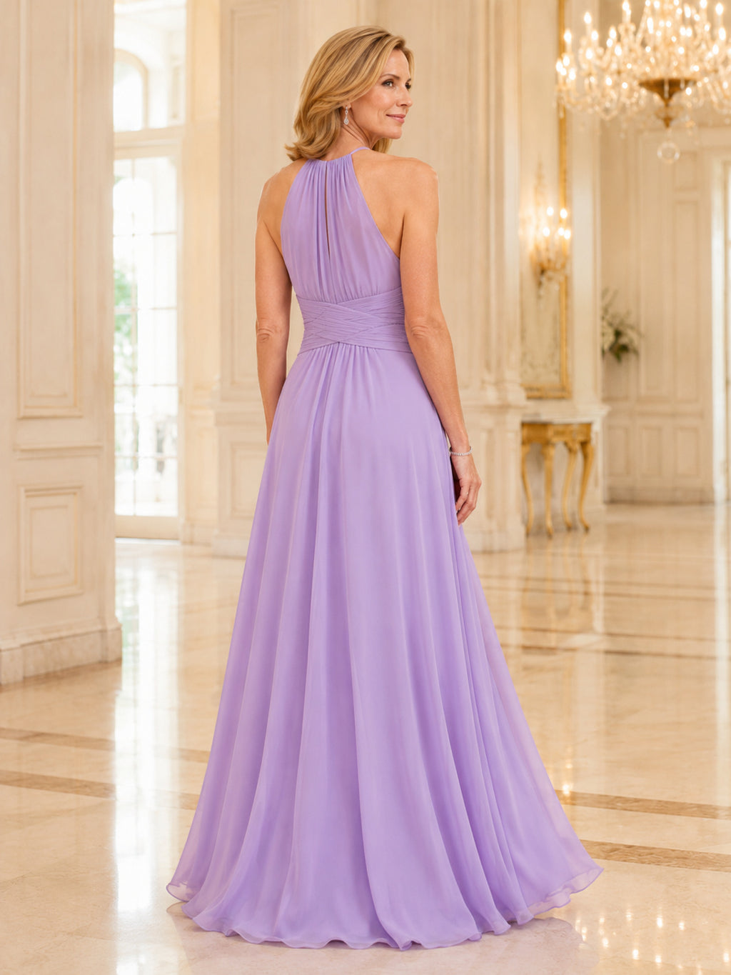 Lavender Romantic Floor-Length A-Line Mother of the Bride Chiffon Gown with Gathered Halter Neck Open Back and Soft Sweep Tra