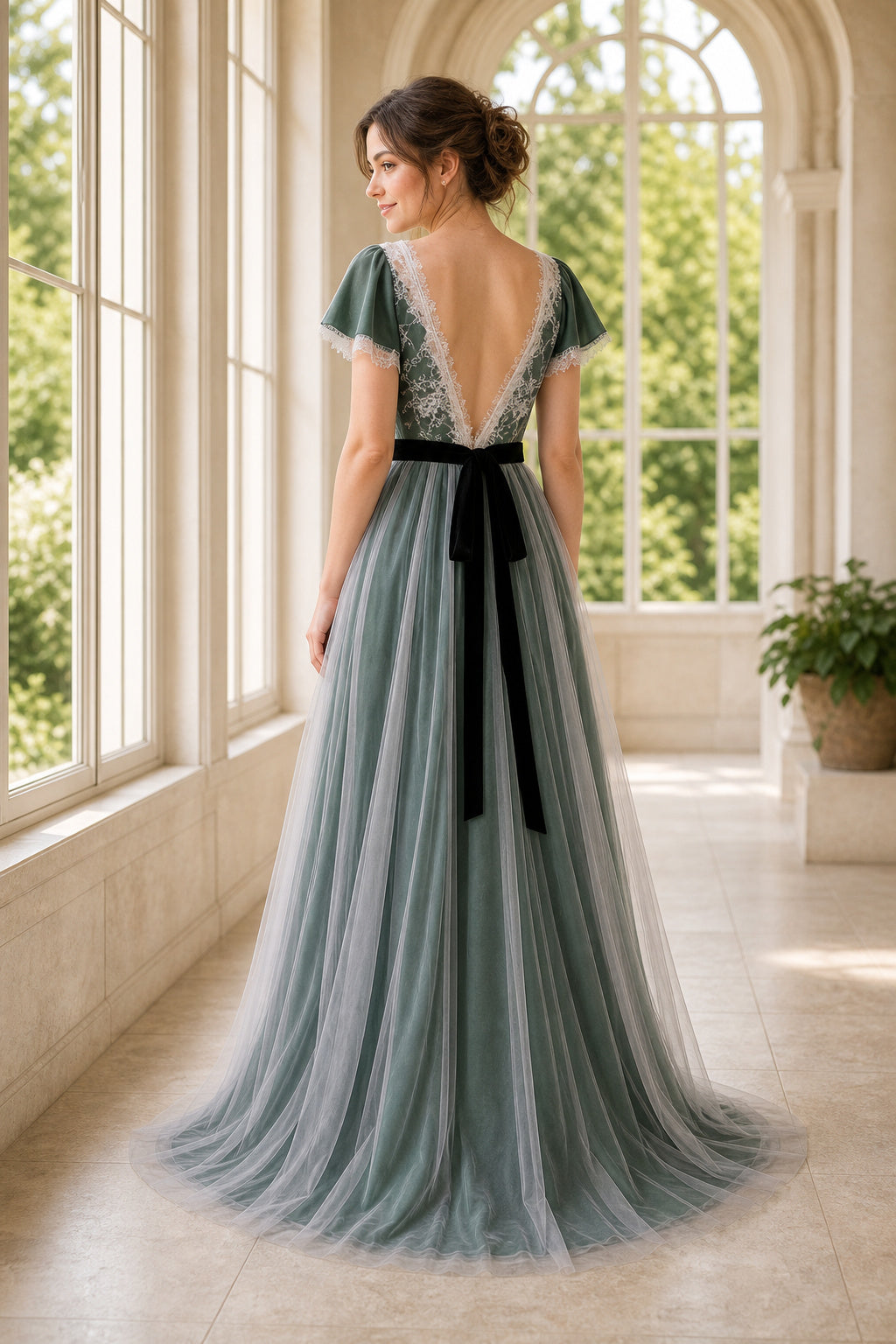 Sage V-neck Cap Sleeves A-Line Tulle, Lace Floor-length Formal Dress With Lace and Sash and Open Back