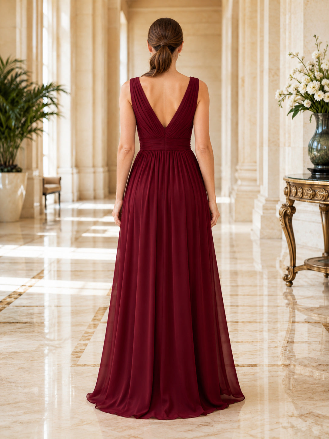 Claret Chiffon V-Neck Slit A-Line Evening Gown back view