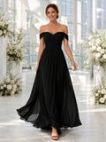 Black off shoulder sweetheart chiffon floor length A-line bridesmaid dress front view