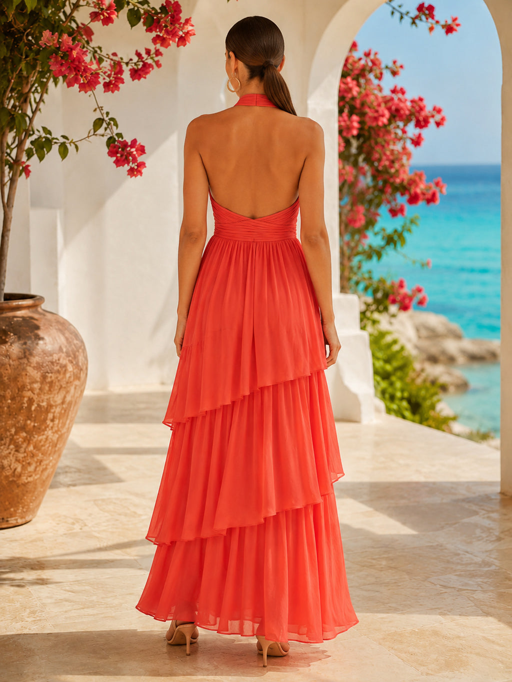 Coral halter tiered chiffon resort vacation maxi dress back view