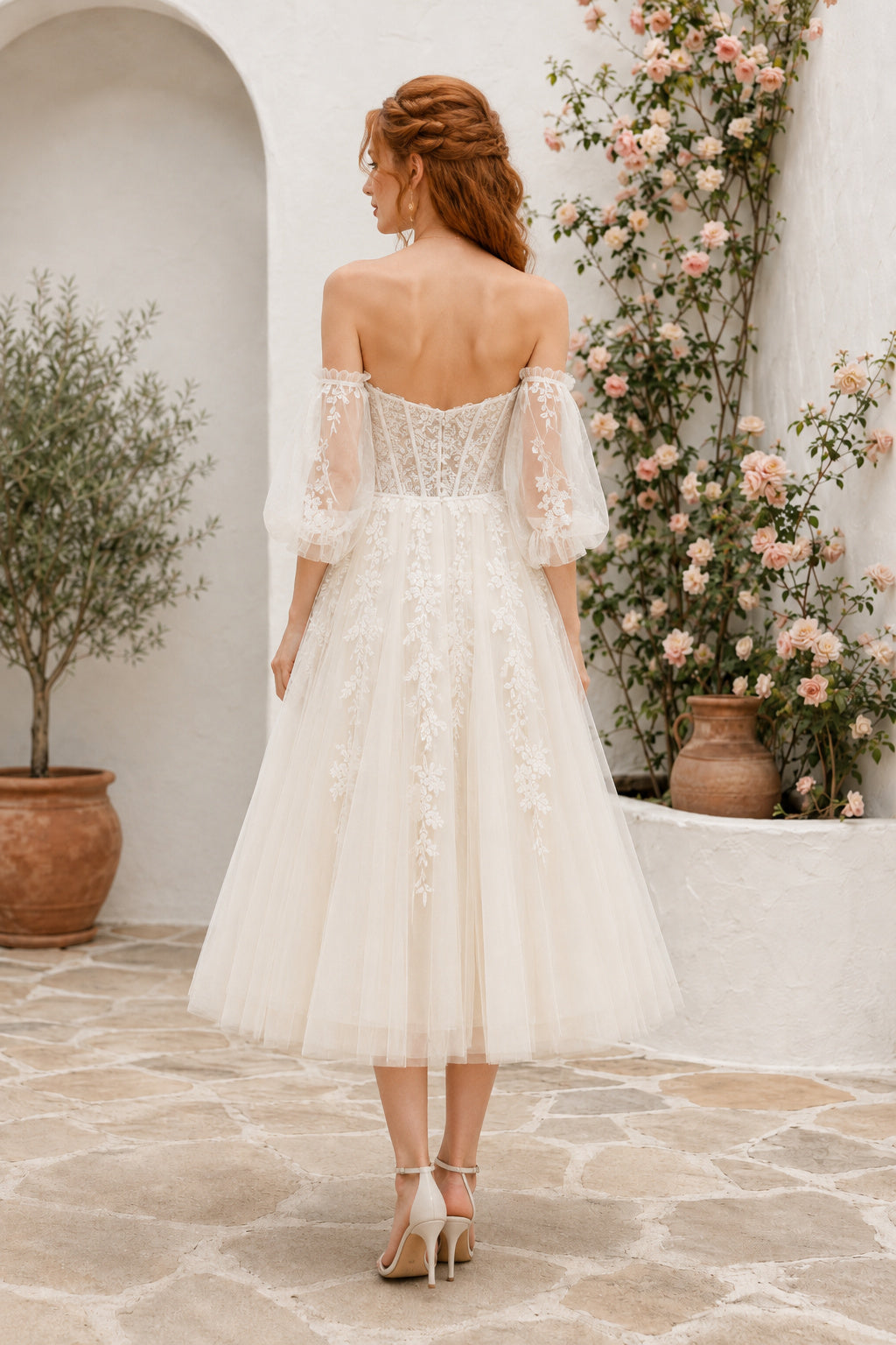 Ivory Off Shoulder Half Sleeve Lace Tea Length Wedding Dress for Wedding Reception and Party back view