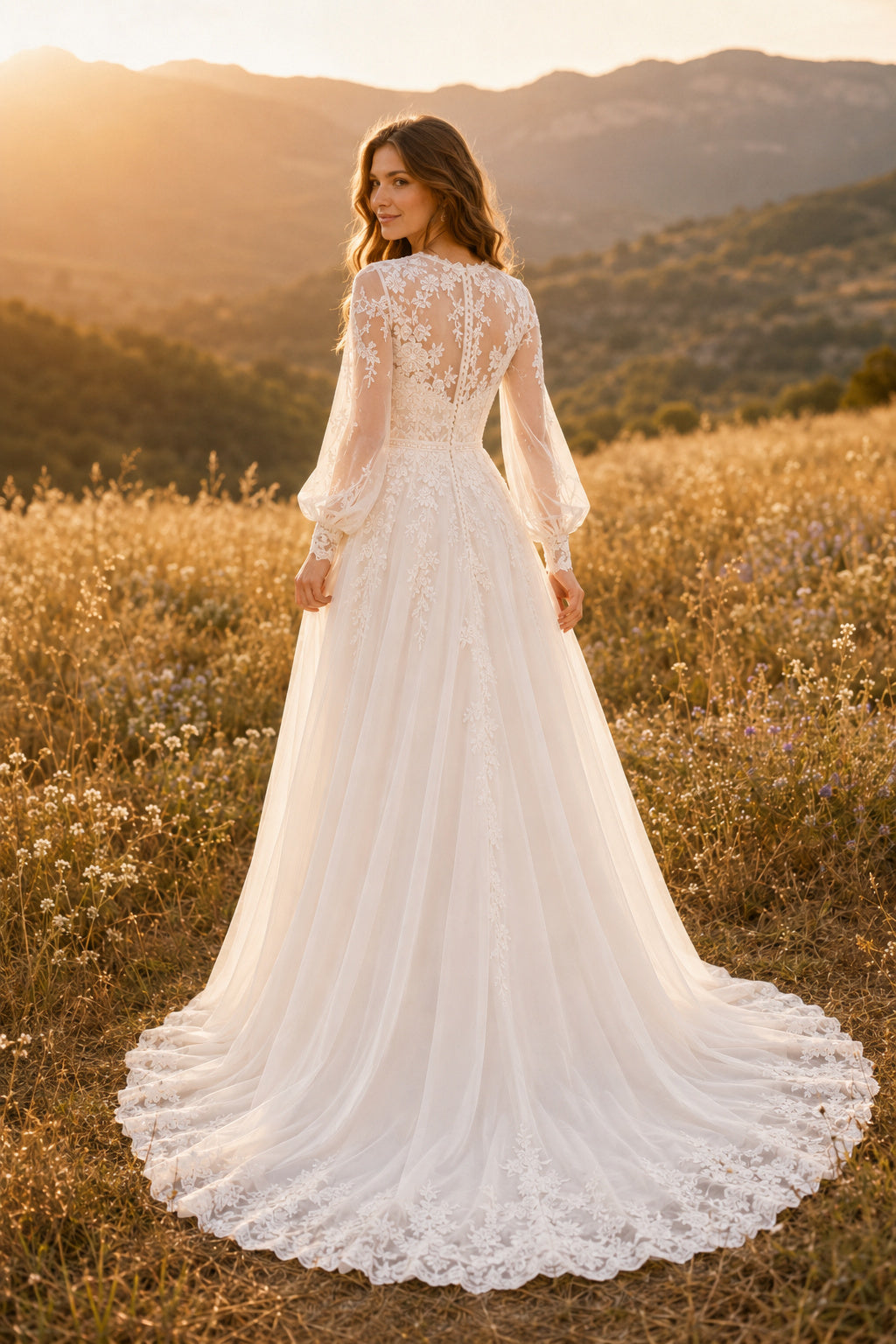 Ivory Romantic High Neck A-Line Lace Tulle Wedding Dress with Long Poet Sleeves and Chapel Train back view